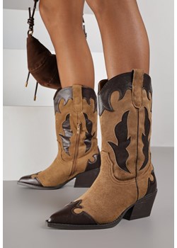 Brązowe Kozaki Typu Kowbojki na Stożkowym Obcasie Ozdobione Tłoczeniem Astille ze sklepu born2be.pl w kategorii Kozaki damskie - zdjęcie 186695565
