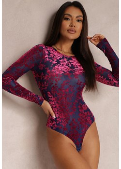 Granatowo-Fioletowe Body z Welurowym Wzorem w Kwiaty Aigal ze sklepu renee.pl w kategorii Body damskie - zdjęcie 186699088