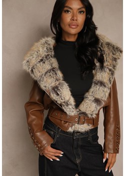 Brązowa Kurtka Ramoneska z Kapturem z Futrem z Możliwością Odpięcia Aplinna ze sklepu renee.pl w kategorii Kurtki damskie - zdjęcie 186712635