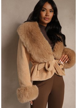Brązowa Kurtka Pluszowa Ozdobiona Futerkiem i Wiązanym Paskiem w Talii Aravitte ze sklepu renee.pl w kategorii Kurtki damskie - zdjęcie 186714379