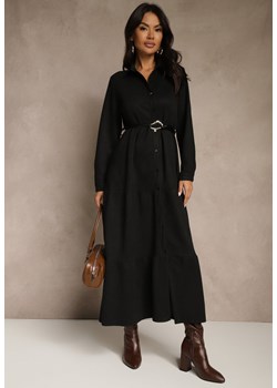 Czarna Sukienka Koszulowa z Wiskozy Ozdobiona Paskiem Retelsa ze sklepu renee.pl w kategorii Sukienki - zdjęcie 186741837