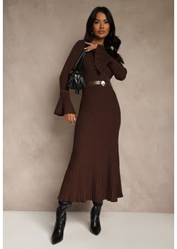 Brązowa Sweterkowa Sukienka Longsleeve z Wiskozą z Paskiem z Klamerką Muszelką Retine ze sklepu renee.pl w kategorii Sukienki - zdjęcie 186745877