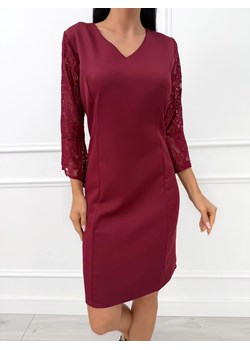 Bordowa Elegancka Sukienka z Koronkowym Rękawkiem ze sklepu ModnaKiecka.pl w kategorii Sukienki - zdjęcie 186773899