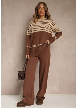 Brązowy Komplet z Dzianiny z Wełną Pasiasty Sweter i Spodnie Ralleia ze sklepu renee.pl w kategorii Komplety i garnitury damskie - zdjęcie 186785479