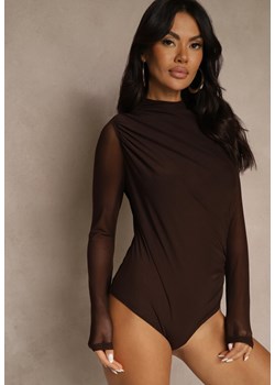 Brązowe Body Longsleeve ze Stójką z Siateczki z Domieszką Wiskozy Liravia ze sklepu renee.pl w kategorii Body damskie - zdjęcie 186803588