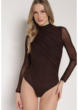 Brązowe Siateczkowe Body z Dodatkiem Wiskozy z Długim Rękawem i Stójką Lianasia ze sklepu born2be.pl w kategorii Body damskie - zdjęcie 186819116