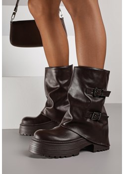 Ciemnobrązowe Botki Biker Vices z Wywiniętą Cholewką Platformą i Klamrami Reinila ze sklepu renee.pl w kategorii Botki - zdjęcie 187198636