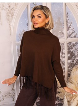 SWETER Z GOLFEM I FRĘDZLAMI NA DOLE- CZEKOLADOWY ze sklepu olika.com.pl w kategorii Swetry damskie - zdjęcie 187206846