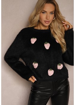 Czarny Sweter Puchaty z Dodatkiem Wełny Ozdobiony Truskawkami 3D Leriah - id: 3815-MIX3K-38-BLACK - marki Renee - 187225739 Czarny Sweter Puchaty z Dodatkiem Wełny Ozdobiony Truskawkami 3D Leriah ze sklepu renee.pl w kategorii Swetry damskie - zdjęcie 187225739