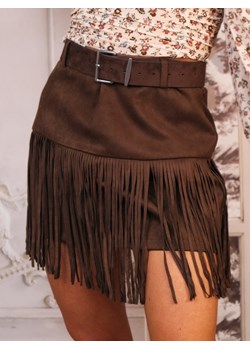 SPÓDNICA ZAMSZOWA MINI Z FRĘDZLAMI I PASKIEM- CZEKOLADOWA ze sklepu olika.com.pl w kategorii Spódnice - zdjęcie 187228969