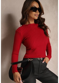 Bordowy Sweter z Dodatkiem Bawełny z Prążkowanego Materiału Mevalay - id: 3706-MIX7K-65-BORDO - marki Renee - 187239565 Bordowy Sweter z Dodatkiem Bawełny z Prążkowanego Materiału Mevalay ze sklepu renee.pl w kategorii Swetry damskie - zdjęcie 187239565