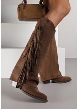 Brązowe Kozaki Kowbojki na Stożku z Cholewką Imitującą Nogawkę z Frędzlami Monettea - id: 2555A-68-CAMEL - marki Renee - 187240506 Brązowe Kozaki Kowbojki na Stożku z Cholewką Imitującą Nogawkę z Frędzlami Monettea ze sklepu renee.pl w kategorii Kozaki damskie - zdjęcie 187240506