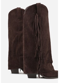 Ciemnobrązowe Kozaki Kowbojki na Stożku z Cholewką Imitującą Nogawkę z Frędzlami Monettea ze sklepu renee.pl w kategorii Kozaki damskie - zdjęcie 187240518