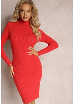 Czerwona Dopasowana Sukienka z Golfem i Prążkowanej Dzianiny Mariase - id: HS2936-64-RED - marki Renee - 187242239 Czerwona Dopasowana Sukienka z Golfem i Prążkowanej Dzianiny Mariase ze sklepu renee.pl w kategorii Sukienki - zdjęcie 187242239