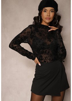 Czarna Siateczkowa Bluzka z Welurowym Wzorem i Marszczoną Talią Seliya - id: 8675-38-BLACK - marki Renee - 187242269 Czarna Siateczkowa Bluzka z Welurowym Wzorem i Marszczoną Talią Seliya ze sklepu renee.pl w kategorii Bluzki damskie - zdjęcie 187242269