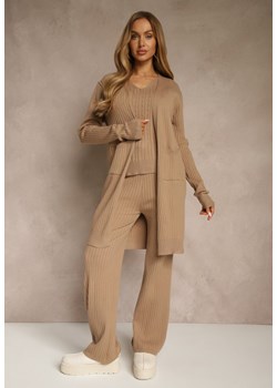 Ciemnobeżowy Komplet z Dzianiny z Bawełną Spodnie Kamizelka i Długi Kardigan Mevalinia - id: 3642-S-44-D.BEIGE - marki Renee - 187243799 Ciemnobeżowy Komplet z Dzianiny z Bawełną Spodnie Kamizelka i Długi Kardigan Mevalinia ze sklepu renee.pl w kategorii Komplety i garnitury damskie - zdjęcie 187243799