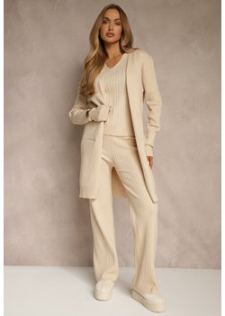 Jasnobeżowy Komplet z Dzianiny z Bawełną Spodnie Kamizelka i Długi Kardigan Mevalinia - id: 3642-S-43-L.BEIGE - marki Renee - 187244817 Jasnobeżowy Komplet z Dzianiny z Bawełną Spodnie Kamizelka i Długi Kardigan Mevalinia ze sklepu renee.pl w kategorii Komplety i garnitury damskie - zdjęcie 187244817