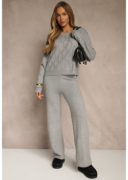 Szary Komplet Dzianinowy z Wełną i Bawełną Spodnie z Prostą Nogawką i Sweter Reizenna - id: 3693-M-39-GREY - marki Renee - 187244907 Szary Komplet Dzianinowy z Wełną i Bawełną Spodnie z Prostą Nogawką i Sweter Reizenna ze sklepu renee.pl w kategorii Komplety i garnitury damskie - zdjęcie 187244907