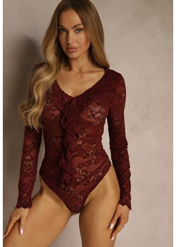Bordowe Body z Koronki Ozdobione Falbanką Videle - id: E0538-65-BORDO - marki Renee - 187244966 Bordowe Body z Koronki Ozdobione Falbanką Videle ze sklepu renee.pl w kategorii Body damskie - zdjęcie 187244966