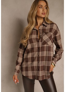 Brązowa Koszula z Bawełny Ozdobiona Kratą Monitela - id: AGK-5061-54-BROWN - marki Renee - 187245016 Brązowa Koszula z Bawełny Ozdobiona Kratą Monitela ze sklepu renee.pl w kategorii Koszule damskie - zdjęcie 187245016