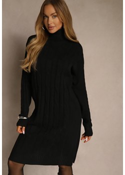 Czarna Sukienka Sweterkowa z Golfem Wełną  Bawełną i Ozdobnym Splotem Reilenea - id: 3690-M-38-BLACK - marki Renee - 187257868 Czarna Sukienka Sweterkowa z Golfem Wełną  Bawełną i Ozdobnym Splotem Reilenea ze sklepu renee.pl w kategorii Sukienki - zdjęcie 187257868