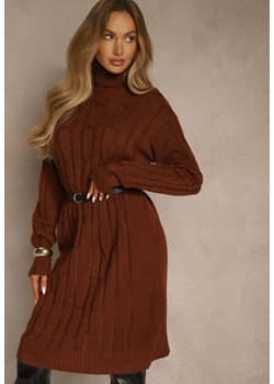 Jasnobrązowa Sukienka Sweterkowa z Golfem Wełną  Bawełną i Ozdobnym Splotem Reilenea - id: 3690-M-448-COFFEE - marki Renee - 187257878 Jasnobrązowa Sukienka Sweterkowa z Golfem Wełną  Bawełną i Ozdobnym Splotem Reilenea ze sklepu renee.pl w kategorii Sukienki - zdjęcie 187257878
