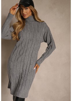 Szara Sukienka Sweterkowa z Golfem Wełną  Bawełną i Ozdobnym Splotem Reilenea - id: 3690-M-39-GREY - marki Renee - 187257888 Szara Sukienka Sweterkowa z Golfem Wełną  Bawełną i Ozdobnym Splotem Reilenea ze sklepu renee.pl w kategorii Sukienki - zdjęcie 187257888