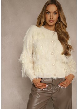 Beżowy Kardigan w Eleganckim Stylu z Imitacją Piór i Perłowymi Guzikami Nessea - id: 3750-M-43-L.BEIGE - marki Renee - 187260176 Beżowy Kardigan w Eleganckim Stylu z Imitacją Piór i Perłowymi Guzikami Nessea ze sklepu renee.pl w kategorii Swetry damskie - zdjęcie 187260176