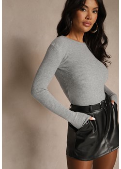Szary  Prążkowany Sweter z Bawełną Ozdobiony Cyrkoniami Romila - id: 3770-MIX5K-39-GREY - marki Renee - 187263339 Szary  Prążkowany Sweter z Bawełną Ozdobiony Cyrkoniami Romila ze sklepu renee.pl w kategorii Swetry damskie - zdjęcie 187263339