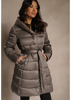 Szara Pikowana Kurtka z Nieodpinanym Kapturem o Długim Kroju z Paskiem Lidassea ze sklepu renee.pl w kategorii Kurtki damskie - zdjęcie 187263349