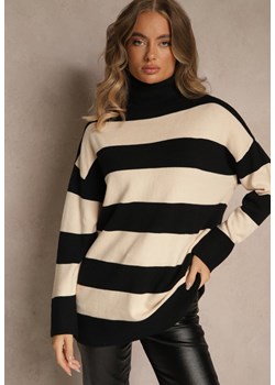 Czarno-Beżowy Golf Ozdobiony Paskami Raluna - id: WMY-5828-133-BLACK/BEIGE - marki Renee - 187275745 Czarno-Beżowy Golf Ozdobiony Paskami Raluna ze sklepu renee.pl w kategorii Swetry damskie - zdjęcie 187275745