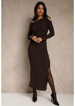 Brązowa Sukienka o Dopasowanym Kroju Ozdobiona Metaliczną Aplikacją Reittia - id: E26080-54-BROWN - marki Renee - 187278238 Brązowa Sukienka o Dopasowanym Kroju Ozdobiona Metaliczną Aplikacją Reittia ze sklepu renee.pl w kategorii Sukienki - zdjęcie 187278238