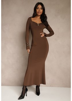 Brązowa Sukienka Koktajlowa z Wiskozą i Metaliczną Klamrą przy Dekolcie Refire - id: E25979-54-BROWN - marki Renee - 187278248 Brązowa Sukienka Koktajlowa z Wiskozą i Metaliczną Klamrą przy Dekolcie Refire ze sklepu renee.pl w kategorii Sukienki - zdjęcie 187278248