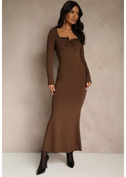Brązowa Sukienka Koktajlowa z Wiskozą Ozdobiona Metaliczną Aplikacją Refane - id: E0397-54-BROWN - marki Renee - 187279776 Brązowa Sukienka Koktajlowa z Wiskozą Ozdobiona Metaliczną Aplikacją Refane ze sklepu renee.pl w kategorii Sukienki - zdjęcie 187279776