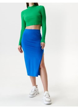 Sinsay - Bawełniana spódnica midi z rozcięciem i marszczeniem z boku - niebieski ze sklepu Sinsay w kategorii Spódnice - zdjęcie 187280777