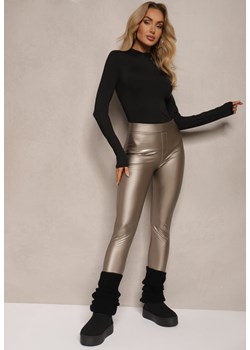 Złote Legginsy z Imitacji Skóry High Waist Ozdobione Wsuwanymi Kieszeniami Valerievia ze sklepu renee.pl w kategorii Spodnie damskie - zdjęcie 187289508