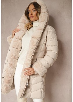 Jasnobeżowa Kurtka z Pikowanymi Przeszyciami Mocno Ocieplana z Paskiem i Odpinanym Futerkiem Hedista ze sklepu renee.pl w kategorii Kurtki damskie - zdjęcie 187289528