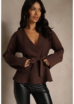 Brązowy Kardigan z Wiskozą Ozdobiony w Pasie Wiązaniem Tusllima - id: 05980-448-COFFEE - marki Renee - 187290237 Brązowy Kardigan z Wiskozą Ozdobiony w Pasie Wiązaniem Tusllima ze sklepu renee.pl w kategorii Swetry damskie - zdjęcie 187290237