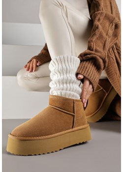 Jasnobrązowe Wsuwane Śniegowce z Zamszu Naturalnego na Grubej Podeszwie Mevilira - id: 6391-SKORA-68-CAMEL - marki Renee - 187290347 Jasnobrązowe Wsuwane Śniegowce z Zamszu Naturalnego na Grubej Podeszwie Mevilira ze sklepu renee.pl w kategorii Śniegowce damskie - zdjęcie 187290347
