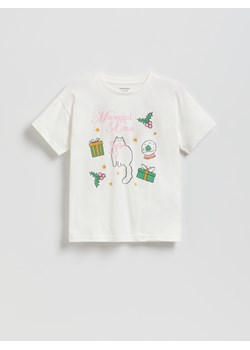 Reserved - Świąteczny t-shirt z nadrukiem - złamana biel ze sklepu Reserved w kategorii Bluzki dziewczęce - zdjęcie 187290675