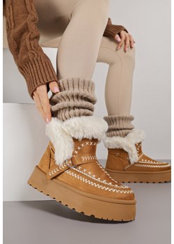 Brązowe Śniegowce na Grubej Podeszwie Ozdobione Haftowanym Motywem i Futerkiem Caretusa ze sklepu born2be.pl w kategorii Śniegowce damskie - zdjęcie 187292335