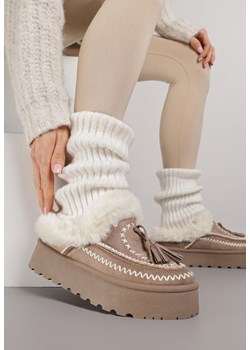 Ciemnobeżowe Śniegowce na Grubej Podeszwie z Haftem i Futerkiem Ezilune ze sklepu born2be.pl w kategorii Śniegowce damskie - zdjęcie 187292349
