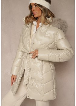 Beżowa Kurtka Pikowana z Odpinanym Futerkiem i Kapturem Ozdobiona Paskiem Olinesa ze sklepu renee.pl w kategorii Kurtki damskie - zdjęcie 187292395