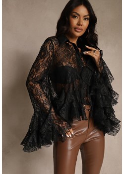 Czarna Koszula z Koronki z Falbankami Ezifina ze sklepu renee.pl w kategorii Koszule damskie - zdjęcie 187292455