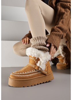 Jasnobrązowe Śniegowce na Platformie z Futerkiem i Haftowanym Wzorem Celatusa ze sklepu renee.pl w kategorii Śniegowce damskie - zdjęcie 187292498