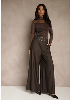 Brązowe Szerokie Garniturowe Spodnie z Bawełny High Waist Ozdobione Paskiem Tusneva - id: 05972-1-448-COFFEE - marki Renee - 187296875 Brązowe Szerokie Garniturowe Spodnie z Bawełny High Waist Ozdobione Paskiem Tusneva ze sklepu renee.pl w kategorii Spodnie damskie - zdjęcie 187296875