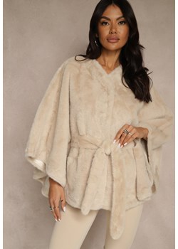 Beżowe Futerkowe Ponczo Ozdobione Paskiem Monareva ze sklepu renee.pl w kategorii Poncza - zdjęcie 187296885