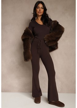 Brązowe Dzianinowe Spodnie z Wiskozą o Kroju Flare Zetene - id: AW653-448-COFFEE - marki Renee - 187296905 Brązowe Dzianinowe Spodnie z Wiskozą o Kroju Flare Zetene ze sklepu renee.pl w kategorii Spodnie damskie - zdjęcie 187296905