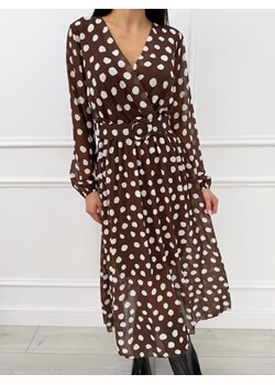 Brązowa Kopertowa Sukienka w Grochy - id: 23070372 - marki Modnakiecka.pl - 187300586 Brązowa Kopertowa Sukienka w Grochy ze sklepu ModnaKiecka.pl w kategorii Sukienki - zdjęcie 187300586