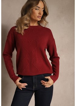 Bordowy Sweter z Tłoczonymi Sercami Unareia - id: WMY-5795-MIX6K-65-BORDO - marki Renee - 187304989 Bordowy Sweter z Tłoczonymi Sercami Unareia ze sklepu renee.pl w kategorii Swetry damskie - zdjęcie 187304989